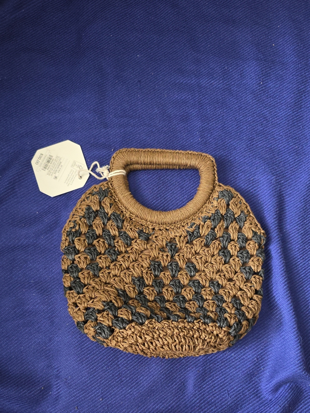 Woven Brown and Black Straw Handbag with Top Handle